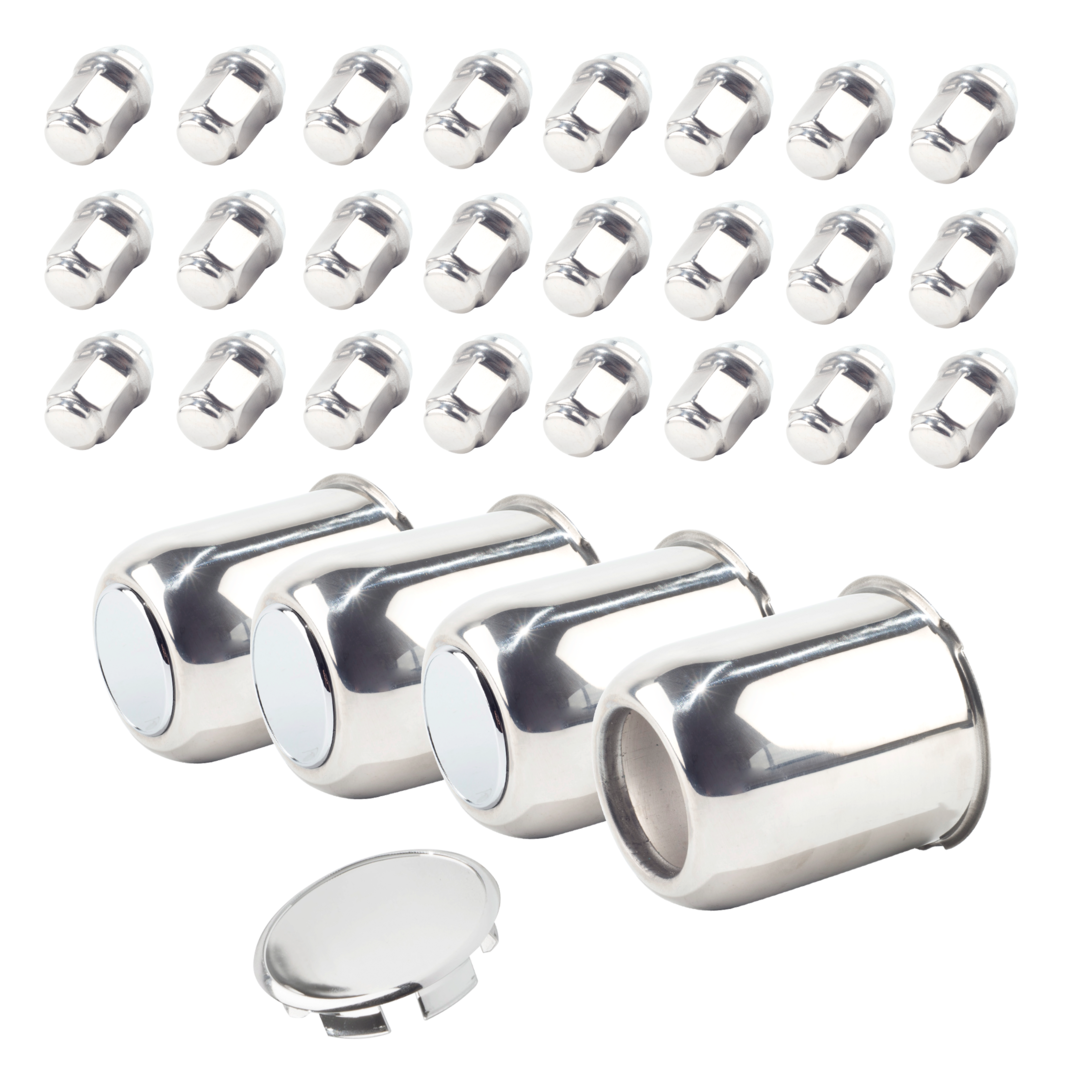 The 5-lug Trailer Stainless Wheel Lug and Cap Sets Stainless Push Through Center Caps With Stainless Lug Nuts For 3.19" Center Hole For Standard 1/2"-20 60 Degree Diameter Stud